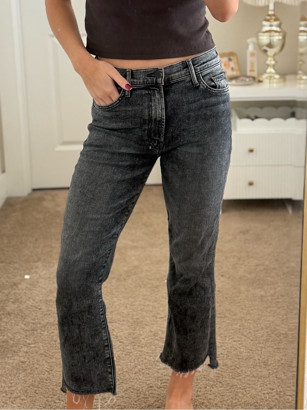 MOTHER Cropped High-Rise Jeans in Washed Black